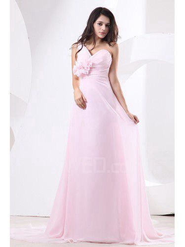 Chiffon One-Shoulder Sweep Train A-line Bridesmaid Dress with Drape and Flower