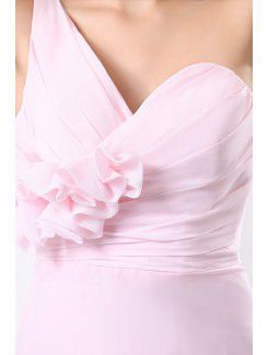 Chiffon One-Shoulder Sweep Train A-line Bridesmaid Dress with Drape and Flower