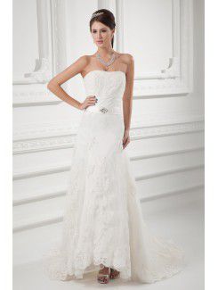 Satin and Net Strapless A-line Sweep Train Embroidered and Sash Wedding Dress