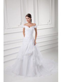 Organza Off-the-Shoulder A-line Sweep Train Embroidered Wedding Dress