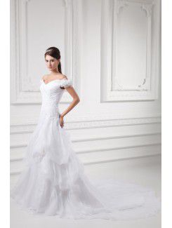 Organza Off-the-Shoulder A-line Sweep Train Embroidered Wedding Dress