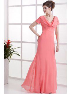 Chiffon V-Neckline Floor Length Column Bridesmaid Dress with Short Sleeves