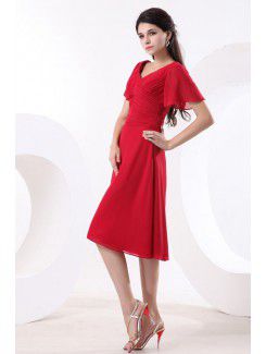 Chiffon V-Neckline Knee-Length A-line Bridesmaid Dress with Short Sleeves