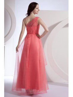 Chiffon One-Shoulder Ankle-Length A-line Bridesmaid Dress with Hand-made Flower