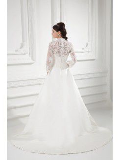 Satin V-Neckline A-line Sweep Train Lace Wedding Dress