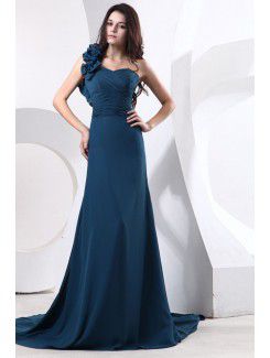 Satin and Tulle One-Shoulder Chapel Train Sheath Bridesmaid Dress with Flowers