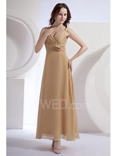 Chiffon V-Neckline Ankle-Length Column Bridesmaid Dress with Flowers