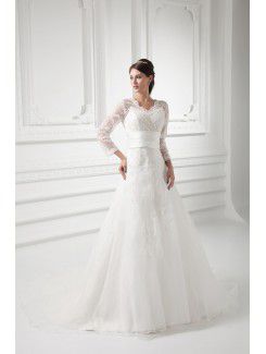 Organza V-Neckline A-line Sweep Train Embroidered and Three-quarter Sleeves Wedding Dress with Jacket