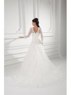 Organza V-Neckline A-line Sweep Train Embroidered and Three-quarter Sleeves Wedding Dress with Jacket