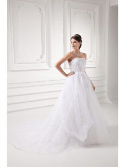Organza Strapless A-line Sweep Train Embroidered Wedding Dress
