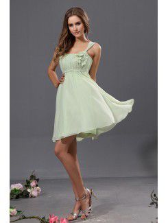 Chiffon and Satin Straps Knee-Length A-Line Bridesmaid Dress with Flowers