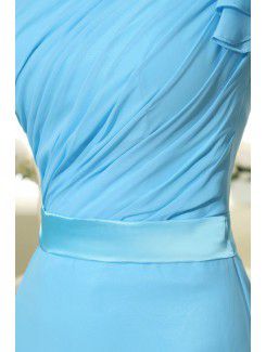 Chiffon Satin One-Shoulder Floor Length Sheath Bridesmaid Dress with Pleat