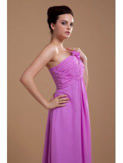 Chiffon One-Shoulder Floor Length Column Bridesmaid Dress with Ruffle and Flower