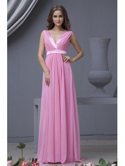 Chiffon V-Neckline Floor Length Column Bridesmaid Dress with Ruffle