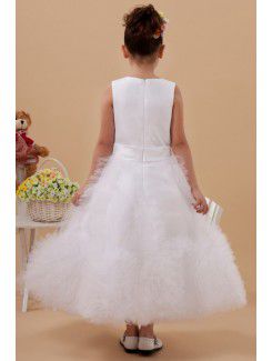 Satin and Tulle Jewel Ankle-Length A-line Flower Girl Dress with Bow