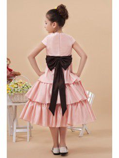 Satin Jewel Knee-Length A-line Flower Girl Dress with Hand-made Flower and Cap-Sleeves