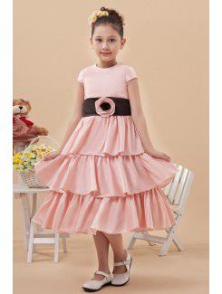 Satin Jewel Knee-Length A-line Flower Girl Dress with Hand-made Flower and Cap-Sleeves