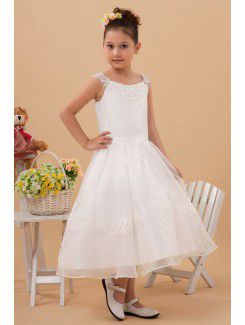 Satin and Tulle Bateau Tea-Length Ball Gown Flower Girl Dress with Embroidered