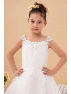 Satin and Tulle Bateau Tea-Length Ball Gown Flower Girl Dress with Embroidered