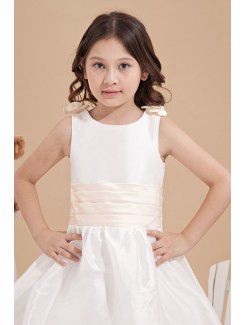 Satin and Tulle Bateau Ankle-Length Ball Gown Flower Girl Dress with Bow and Hand-made Flowers