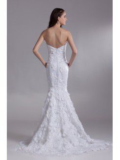 Satin and Lace Strapless Sweep Train Mermaid Embroidered Wedding Dress
