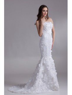 Satin and Lace Strapless Sweep Train Mermaid Embroidered Wedding Dress