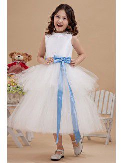 Tulle and Satin Jewel Tea-Length A-line Flower Girl Dress with Sequins