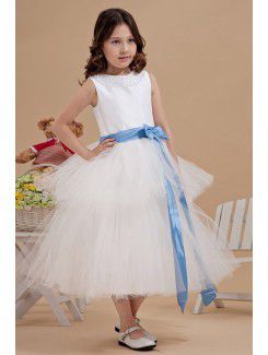 Tulle and Satin Jewel Tea-Length A-line Flower Girl Dress with Sequins