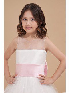 Organza and Satin Bateau Tea-Length A-line Flower Girl Dress with Bow