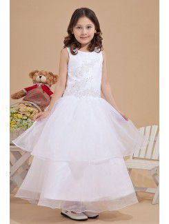 Satin and Tulle Jewel Ankle-Length A-line Flower Girl Dress with Embroidered