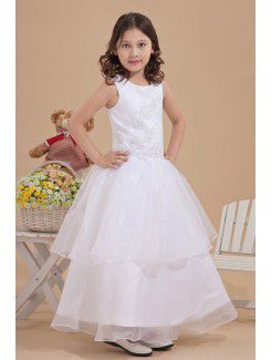 Satin and Tulle Jewel Ankle-Length A-line Flower Girl Dress with Embroidered