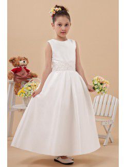 Satin and Tulle Jewel Ankle-Length Ball Gown Flower Girl Dress with Embroidered