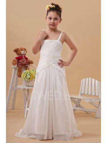 Satin Straps Floor Length A-line Flower Girl Dress with Embroidered