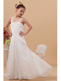 Satin Straps Floor Length A-line Flower Girl Dress with Embroidered