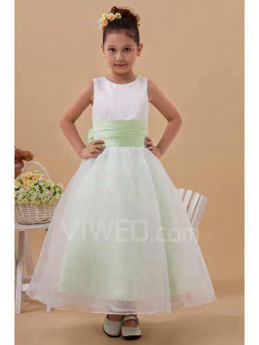 Taffeta and Organza Jewel Ankle-Length Ball Gown Flower Girl Dress with Bow