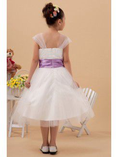Organza Square Tea-Length A-line Flower Girl Dress with Cap-Sleeves
