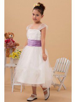 Organza Square Tea-Length A-line Flower Girl Dress with Cap-Sleeves