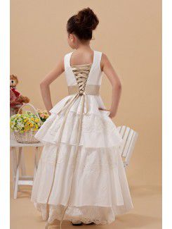 Satin Jewel Ankle-Length A-line Flower Girl Dress with Embroidered