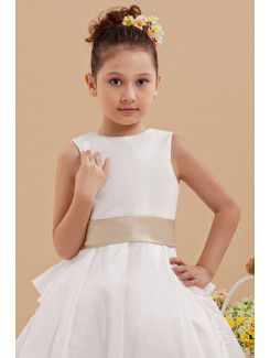 Satin Jewel Ankle-Length A-line Flower Girl Dress with Embroidered