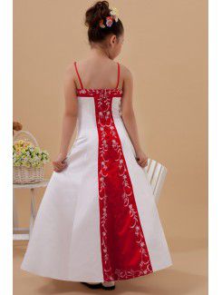 Satin Spaghetti Straps Ankle-Length A-line Flower Girl Dress with Embroidered
