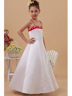 Satin Spaghetti Straps Ankle-Length A-line Flower Girl Dress with Embroidered