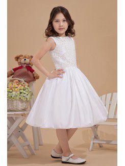 Satin Jewel Knee-Length Ball Gown Flower Girl Dress with Embroidered
