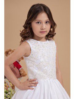 Satin Jewel Knee-Length Ball Gown Flower Girl Dress with Embroidered