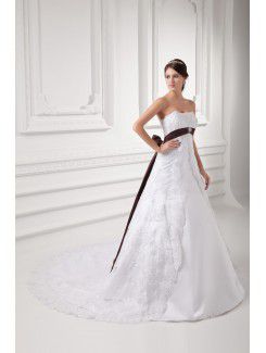 Satin and Lace Scoop A-line Sweep Train Embroidered Wedding Dress