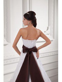 Satin and Lace Scoop A-line Sweep Train Embroidered Wedding Dress