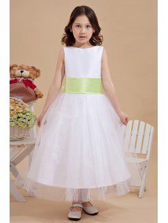 Tulle Jewel Tea-Length A-Line Flower Girl Dress with Bow
