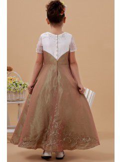 Taffeta and Organza Jewel Ankle-Length A-Line Flower Girl Dress with Short Sleeves