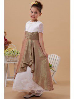 Taffeta and Organza Jewel Ankle-Length A-Line Flower Girl Dress with Short Sleeves