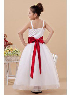Satin Straps Ankle-Length A-Line Flower Girl Dress with Hand-made Flower