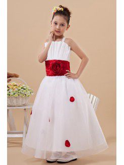 Satin Straps Ankle-Length A-Line Flower Girl Dress with Hand-made Flower